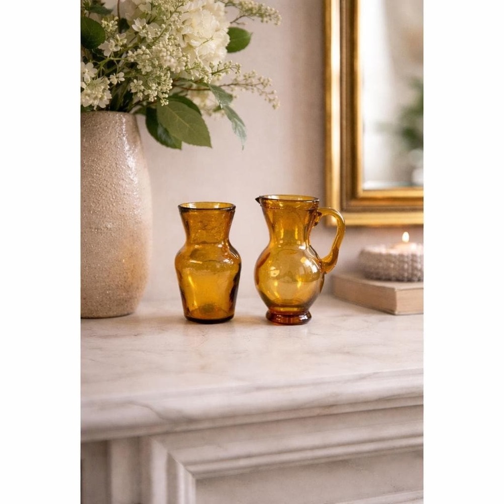Vintage Amber Glass Miniatures Mid Century Modern Hand Blown Decor Set